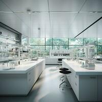 3d rendere di moderno laboratorio interno con cristalleria e scienza attrezzatura. ai generato professionista foto