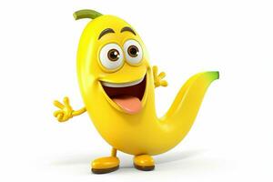 divertente giallo Banana personaggio su un' bianca sfondo. 3d illustrazione. ai generato professionista foto