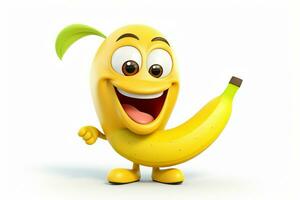divertente giallo Banana personaggio su un' bianca sfondo. 3d illustrazione. ai generato professionista foto