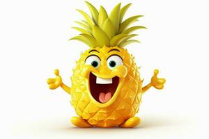 3d illustrazione di ananas cartone animato personaggio con contento espressione su bianca sfondo. ai generato professionista foto