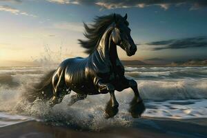 nero cavallo in esecuzione su il spiaggia nel il oceano. 3d resa. ai generato professionista foto