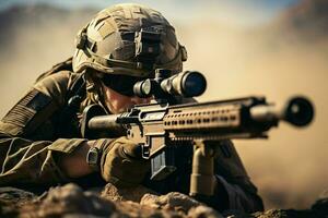 unito stati marino corpo speciale forze soldato con assalto fucile nel azione durante missione. ai generato professionista foto