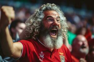 un' pazzo portoghese calcio sostenitore festeggia. ai generato professionista foto