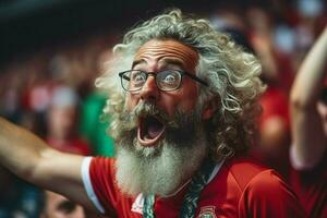un' pazzo portoghese calcio sostenitore festeggia. ai generato professionista foto