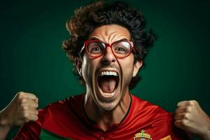 un' pazzo portoghese calcio sostenitore festeggia. ai generato professionista foto