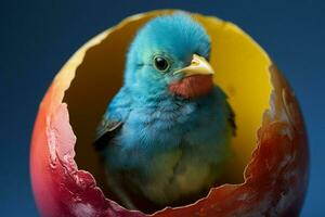 colorato bambino uccello nel un uovo guscio. ai generato professionista foto