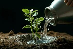 irrigazione un' giovane verde pianta nel il terra con acqua goccioline. ai generato professionista foto