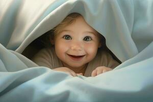 carino poco bambino sotto coperta a casa. contento infanzia concetto. ai generato professionista foto