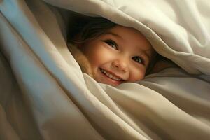 carino poco bambino sotto coperta a casa. contento infanzia concetto. ai generato professionista foto