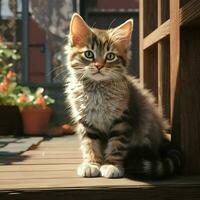 carino Zenzero gatto seduta su il veranda nel il raggi di il ambientazione sole. ai generato professionista foto