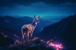 montagne a vicino, fantasia paesaggio con un' cervo. ai generato professionista foto
