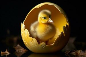 anatroccolo nel uovo conchiglia su nero sfondo, Pasqua decorazione. ai generato professionista foto