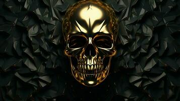 di certo Qui siamo alcuni tag voi può uso per descrivere un Immagine di un' d'oro metallico cranio su un' nero sfondo, creato come un' 3d interpretazione e illustrazione. ai generato professionista foto