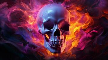 cranio nel il fuoco. Halloween sfondo. 3d illustrazione. ai generato professionista foto