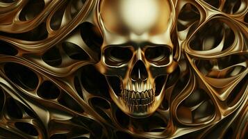 di certo Qui siamo alcuni tag voi può uso per descrivere un Immagine di un' d'oro metallico cranio su un' nero sfondo, creato come un' 3d interpretazione e illustrazione. ai generato professionista foto