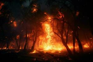 fuoco nel il foresta, ardente alberi e cespugli nel il sfondo. ai generato professionista foto