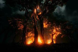 fuoco nel il foresta, ardente alberi e cespugli nel il sfondo. ai generato professionista foto