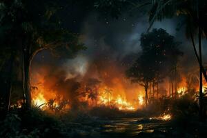 fuoco nel il foresta, ardente alberi e cespugli nel il sfondo. ai generato professionista foto