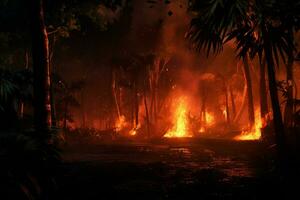 fuoco nel il foresta, ardente alberi e cespugli nel il sfondo. ai generato professionista foto