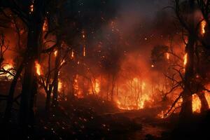 fuoco nel il foresta, ardente alberi e cespugli nel il sfondo. ai generato professionista foto