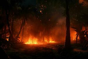 fuoco nel il foresta, ardente alberi e cespugli nel il sfondo. ai generato professionista foto