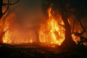 fuoco nel il foresta, ardente alberi e cespugli nel il sfondo. ai generato professionista foto