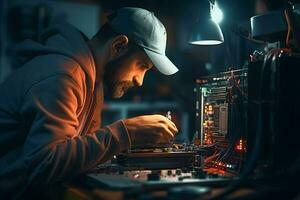 riparatore riparazione elettronico circuito tavola nel il laboratorio a notte. ai generato professionista foto