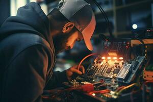 riparatore riparazione elettronico circuito tavola nel il laboratorio a notte. ai generato professionista foto