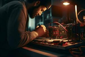 riparatore riparazione elettronico circuito tavola nel il laboratorio a notte. ai generato professionista foto