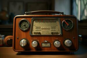 Vintage ▾ Radio su un' di legno tavolo nel il interno di il camera, Vintage ▾ stile. retrò Radio. ai generato professionista foto