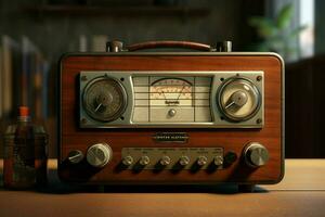 Vintage ▾ Radio su un' di legno tavolo nel il interno di il camera, Vintage ▾ stile. retrò Radio. ai generato professionista foto