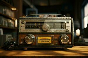 Vintage ▾ Radio su un' di legno tavolo nel il interno di il camera, Vintage ▾ stile. retrò Radio. ai generato professionista foto