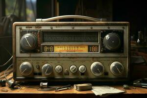Vintage ▾ Radio su un' di legno tavolo nel il interno di il camera, Vintage ▾ stile. retrò Radio. ai generato professionista foto
