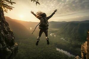 giovane donna escursionista salto al di sopra di scogliera in il nebbioso valle a Alba. ai generato professionista foto