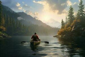 uomo nel un' kayak su il lago nel il montagne a tramonto. ai generato professionista foto