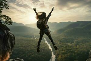 giovane donna escursionista salto al di sopra di scogliera in il nebbioso valle a Alba. ai generato professionista foto