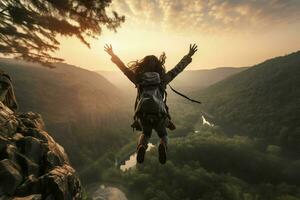 giovane donna escursionista salto al di sopra di scogliera in il nebbioso valle a Alba. ai generato professionista foto