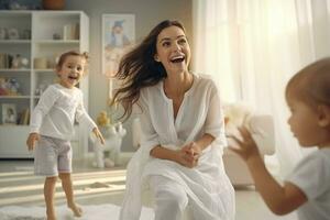 madre e sua bambini giocando nel vivente camera a casa, contento famiglia. ai generato professionista foto