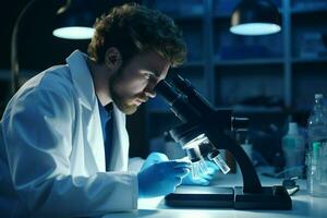 scienziato Lavorando con microscopio nel laboratorio. medico ricerca e sviluppo. ai generato professionista foto