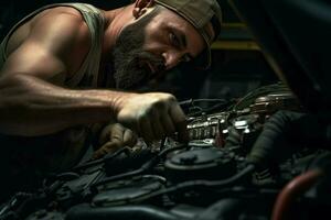 professionale meccanico Lavorando nel auto riparazione negozio. bello giovane caucasico uomo nel uniforme riparazione un' macchina. ai generato professionista foto