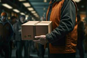 ritratto di un' maschio lavoratore Tenere un' scatola nel un' magazzino. consegna servizio concetto. ai generato professionista foto