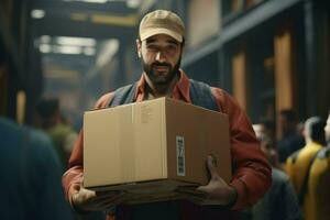 ritratto di un' maschio lavoratore Tenere un' scatola nel un' magazzino. consegna servizio concetto. ai generato professionista foto