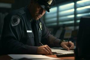ritratto di maschio polizia ufficiale seduta a posto di lavoro. ai generato professionista foto