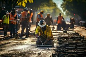 avvicinamento di costruzione attrezzatura. lavoratori a il strada costruzione luogo posa asfalto su un' nuovo strada. ai generato professionista foto