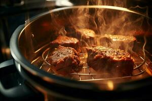 vicino su di Manzo bistecche essere grigliato su barbecue griglia con Fumo, grigliato Manzo bistecche su un' barbecue griglia. superficiale profondità di campo. ai generato professionista foto