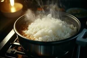 cucinando riso nel caldo pentola con vapore su fornello, avvicinamento. ai generato professionista foto