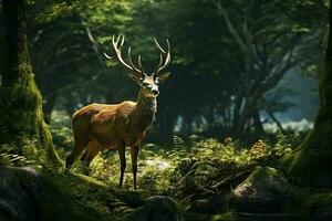 maestoso rosso cervo cervo nel il foresta. bellissimo selvaggio cervo nel il foresta. natura scena a partire dal natura. ai generato professionista foto