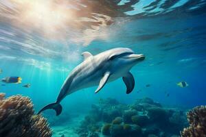 delfino nuoto nel il oceano. 3d resa. subacqueo mondo. ai generato professionista foto