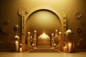 3d illustrazione di eid mubarak sfondo con moschea e d'oro lanterne. ai generato professionista foto