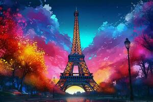 eiffel Torre nel neon stile su il sfondo di il notte cielo, eiffel Torre a notte nel Parigi, Francia. ai generato professionista foto